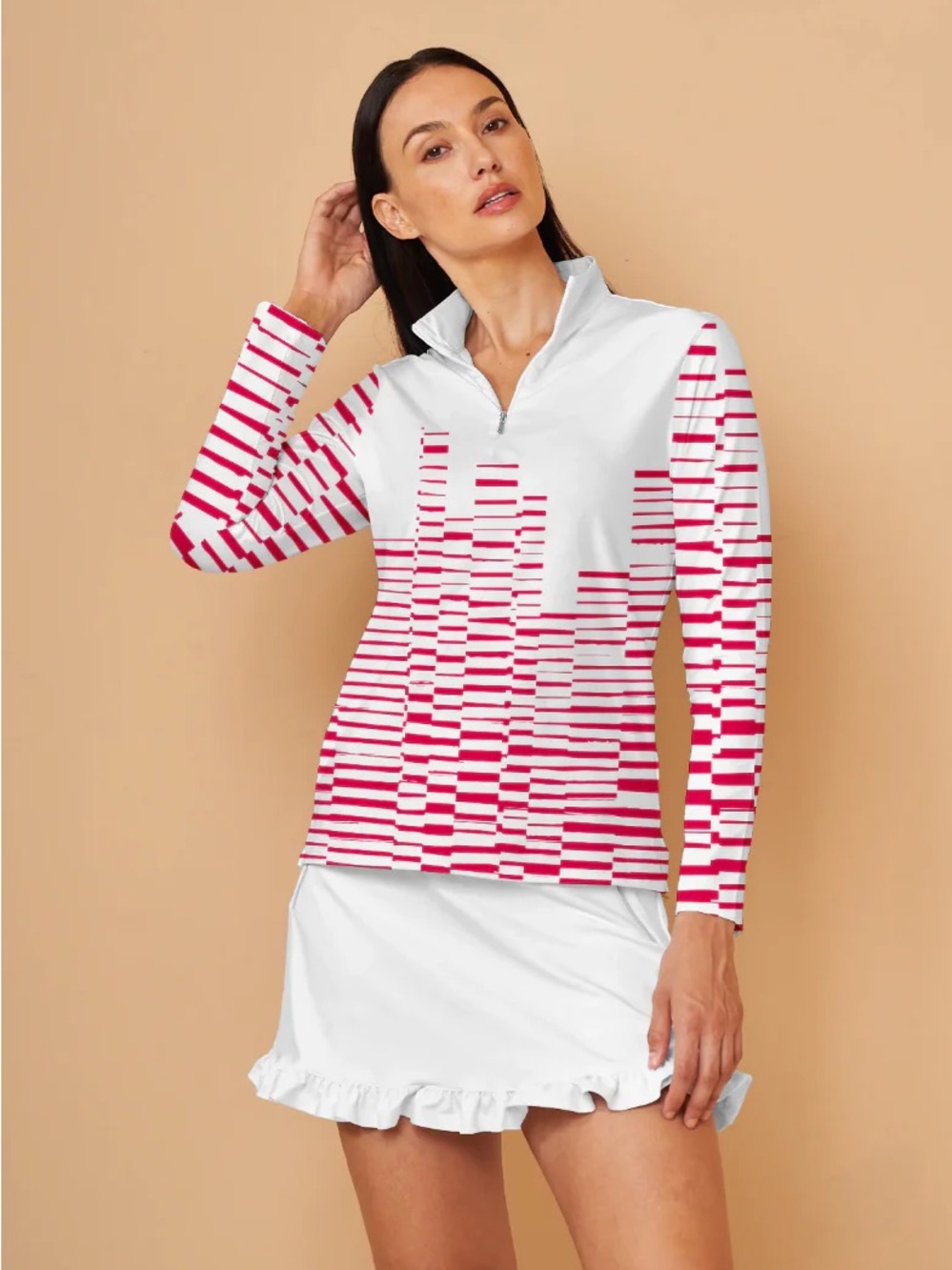 Long Sleeve Quarter-Zip Tee in White and Red